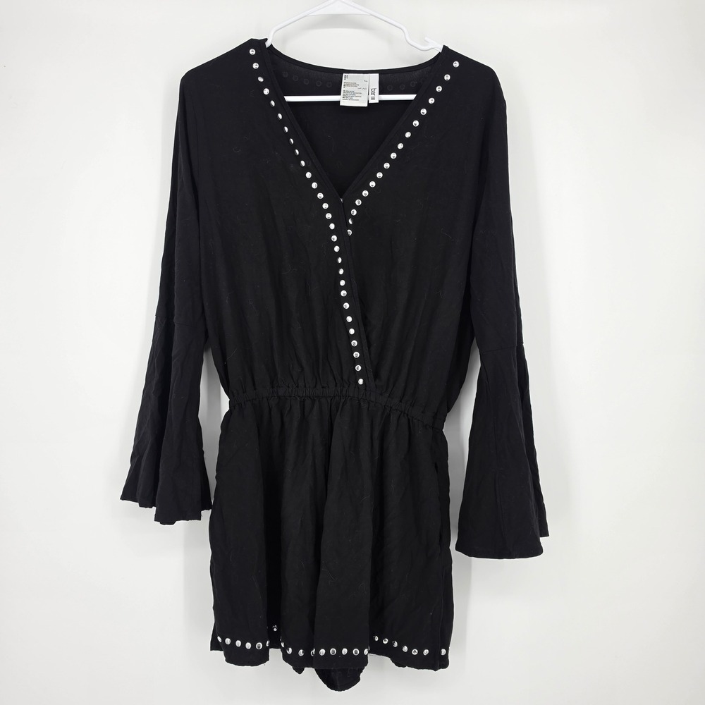 Bar III Studded Bell Sleeve Romper Medium Black Boho Edgy